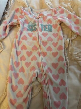 Simple Joys by Carter's White Fleece Footie with Pink Heart Print Little Sister